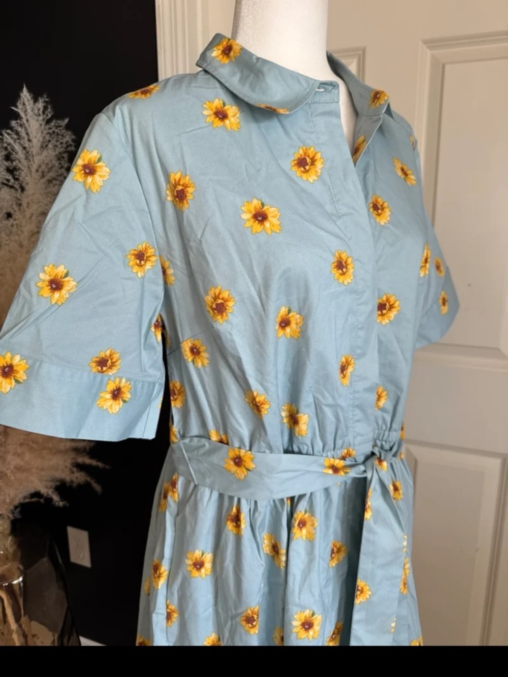 JASON WU Stretch Cotton Printed Twee Shirt Dress Blue Sunflower in Size Large - Picture 7 of 12
